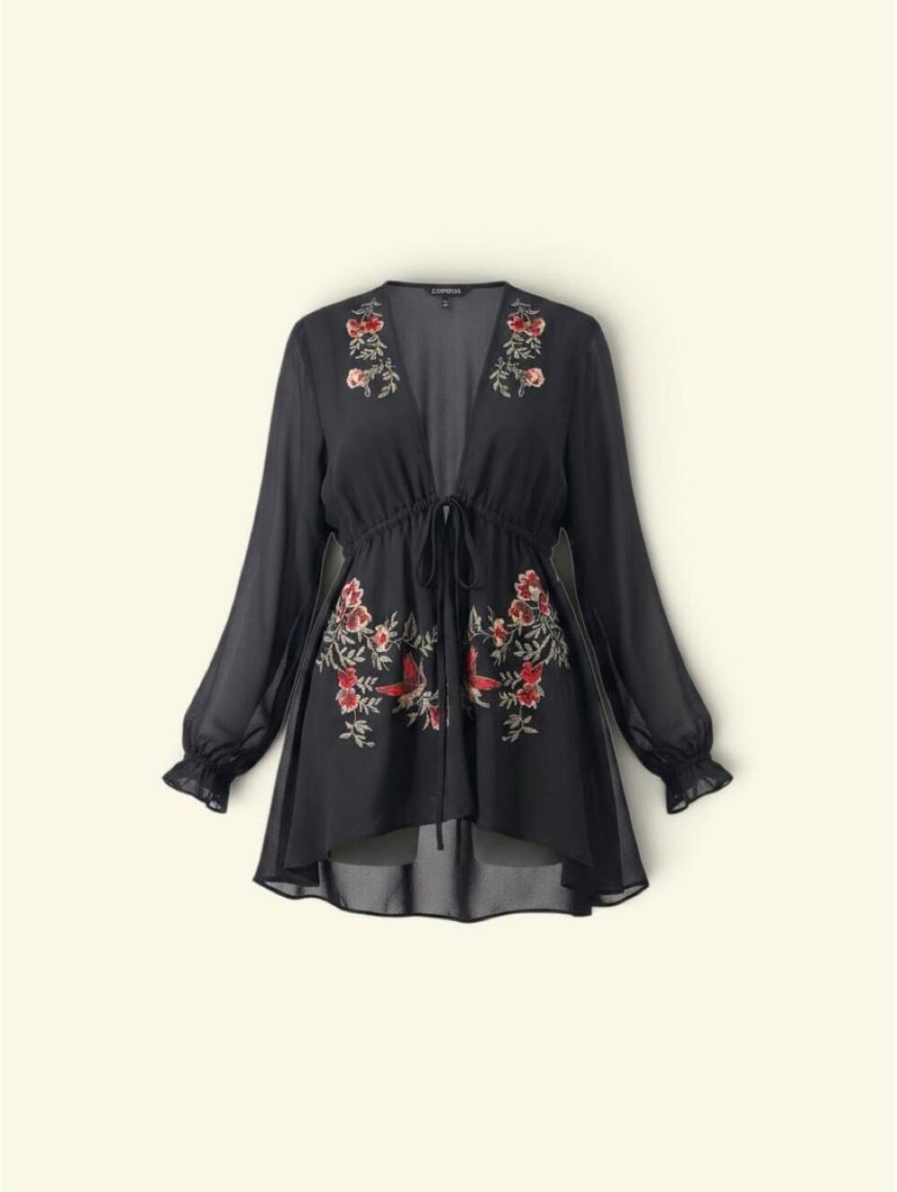Express Women's Black Sheer Embroidered Boho Blouse Size M